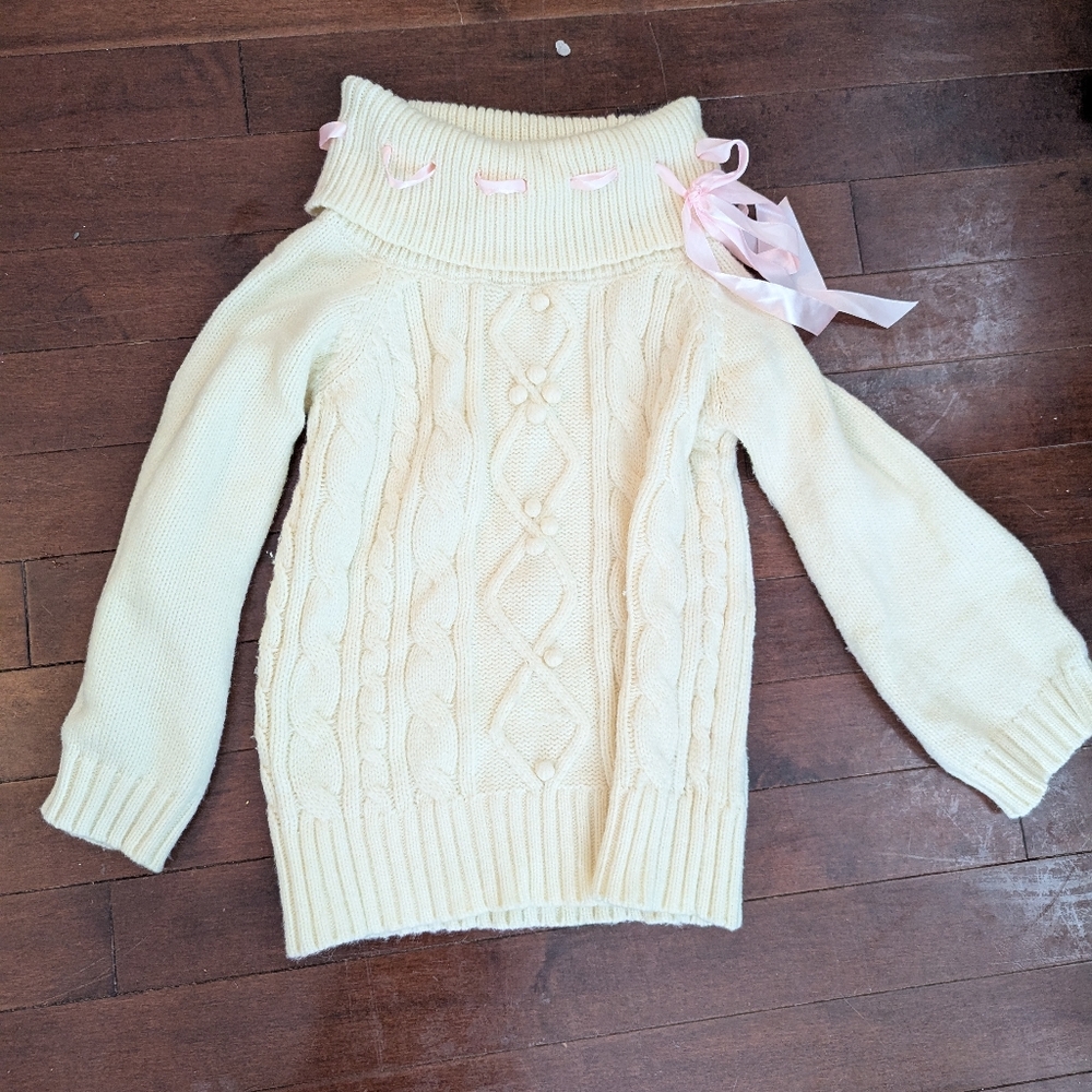 Thick Cream Cableknit Sweater; off shoulder or on, with Pink Ribbon Accent